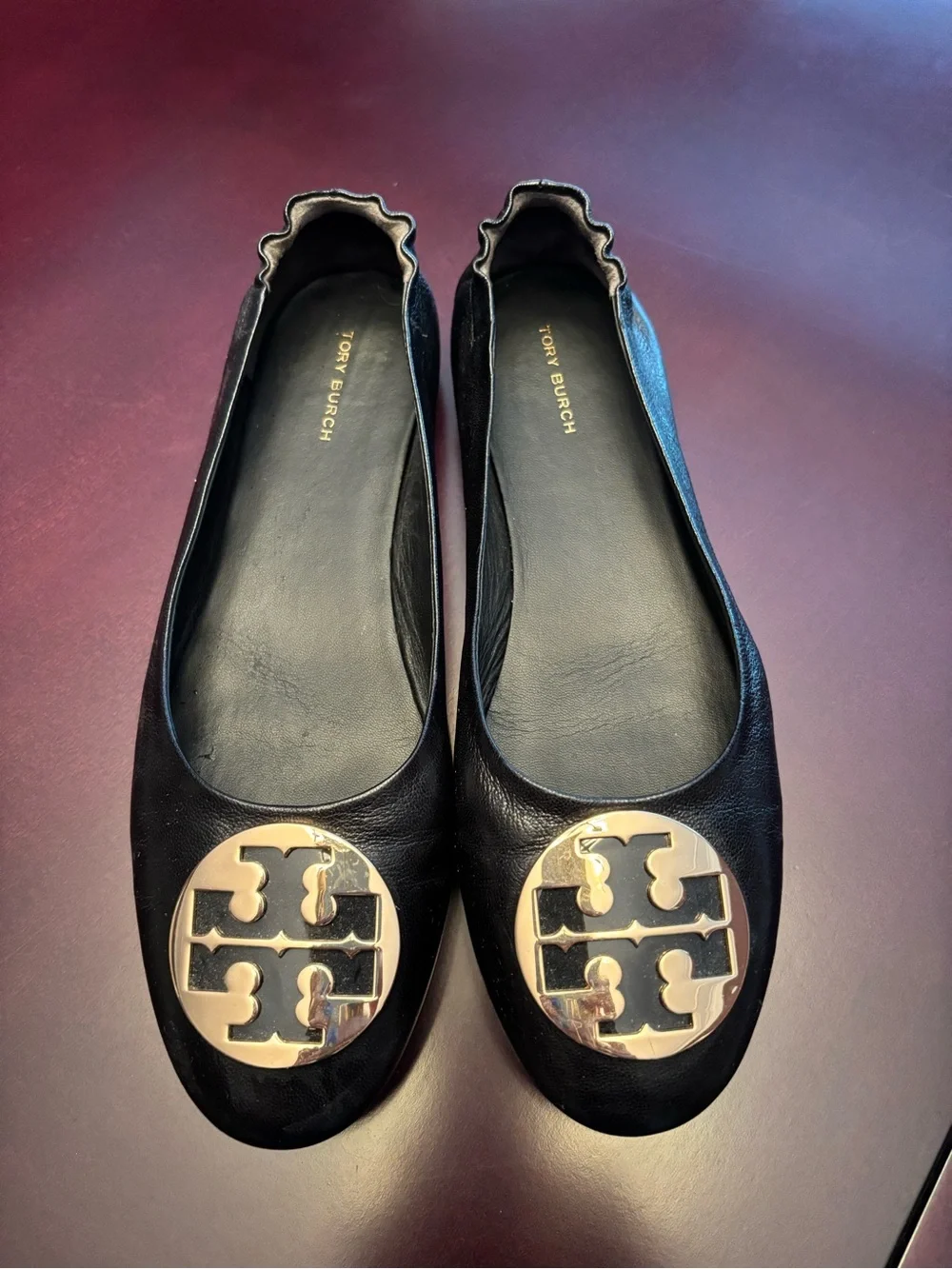Tory Burch Black Leather Ballet Flats with Gold Logo Medallions